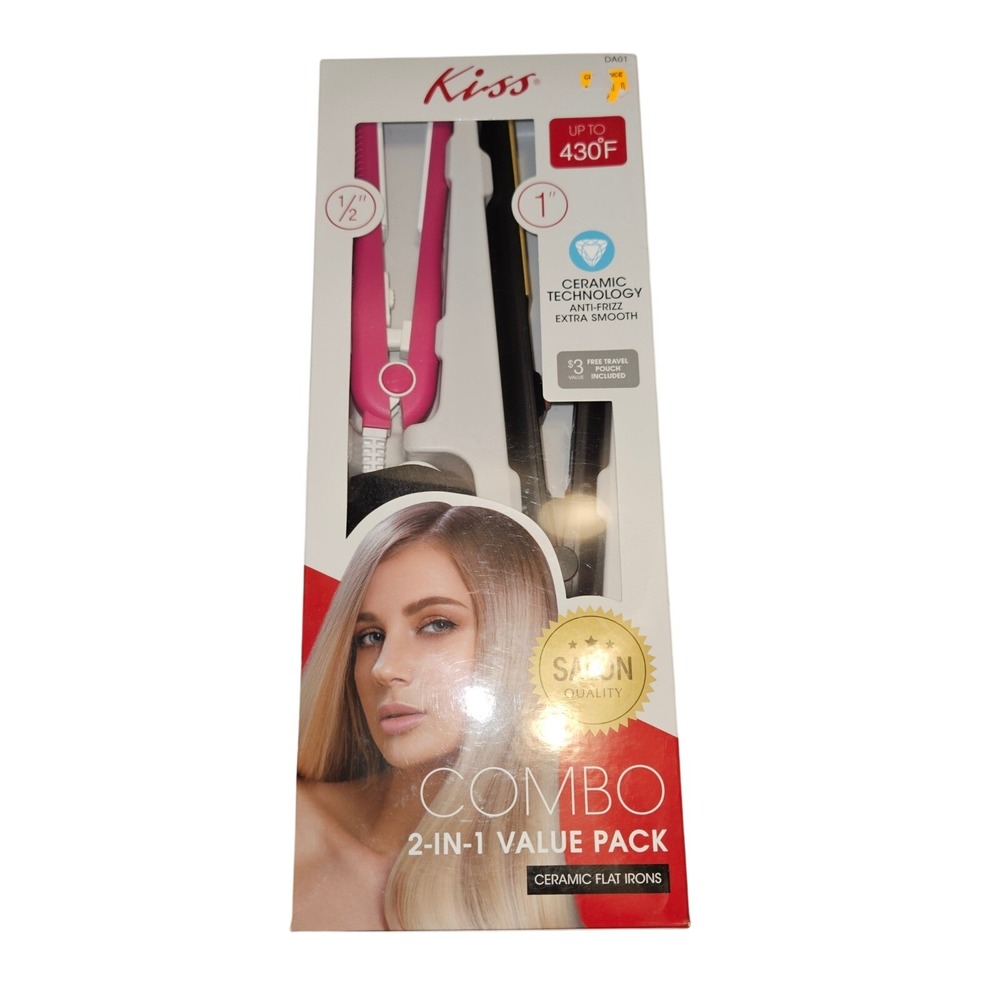 Kiss Combo 2-in-1 Ceramic‎ Flat Iron Set 1 Inch and 1/2 Inch Pink Black DA01